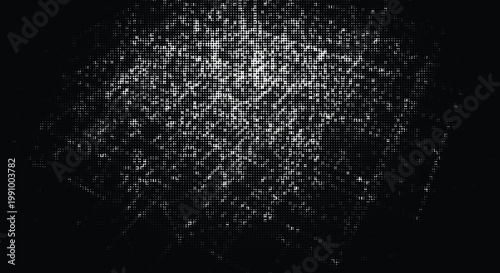 Abstract black and white halftone dot pattern with radiating light and chaotic lines for modern graphic design.