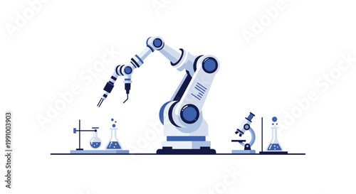 An advanced white and blue robotic arm performs precise scientific experiments amidst glass beakers and a microscope in a sterile modern laboratory environment.
