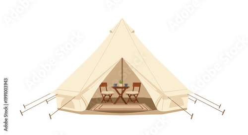 A spacious cream colored bell tent designed for luxury glamping features a cozy interior with a small wooden table and two comfortable chairs.