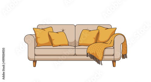 A comfortable beige upholstered sofa is adorned with several vibrant yellow decorative pillows and a thick mustard yellow knitted throw blanket on a white background.