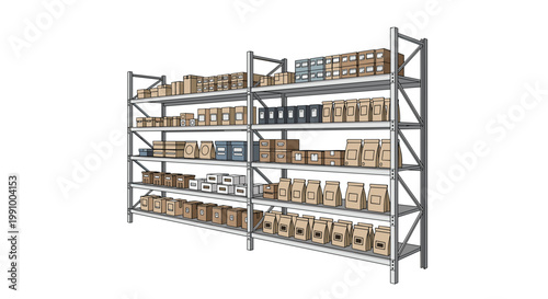 Massive silver metal industrial shelving units are filled with a vast array of meticulously organized brown boxes and paper bags in a warehouse setting.