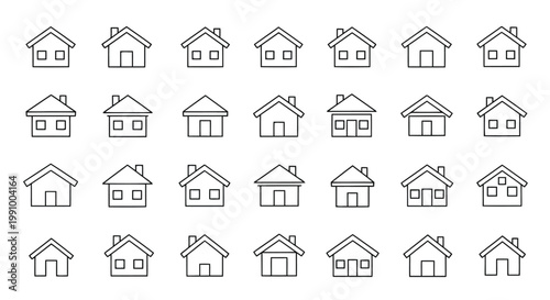 A comprehensive array of minimalist outlined house icons with various roof and door designs.
