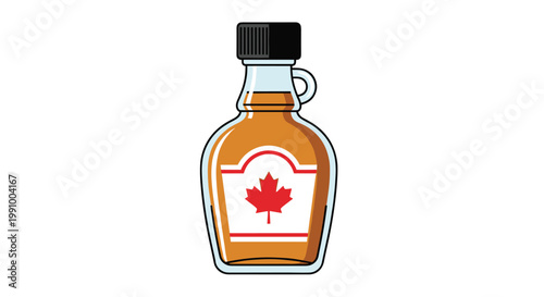 A glass bottle filled with rich golden maple syrup features a white label with a red maple leaf icon and a sturdy black screw cap against a white background.