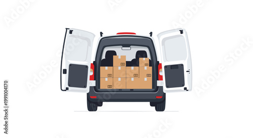 A pristine white delivery van stands with its rear doors wide open to reveal a meticulously organized stack of brown cardboard shipping boxes inside the cargo area.
