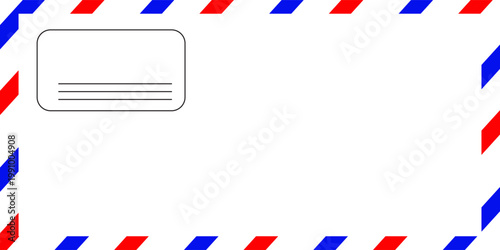 Airmail Envelope frame images with strips. International vintage letter border. Retro air mail postcard with blue and red stripes.  Empty classic postal frame. Vector illustration