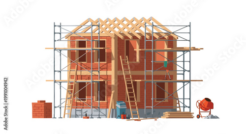 A detailed two-story brick residential building undergoes construction with intricate wooden roof trusses and sturdy metal scaffolding under bright daylight.
