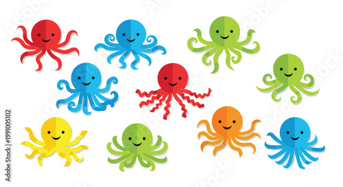 A collection of ten vibrant paper-cut style octopuses in a variety of bright colors like red, blue, and green are displayed on a clean white background.