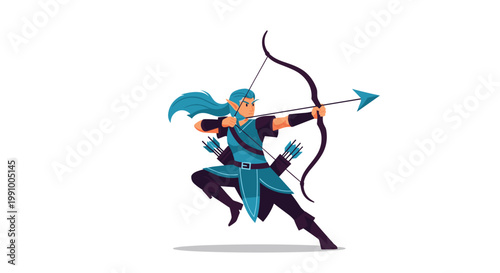 A dynamic female elf warrior with flowing blue hair and teal armor leaps forward while drawing a sleek black bow against a pristine white background.