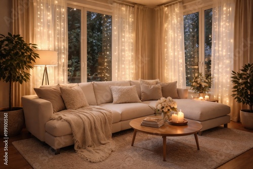 inviting living space with a white couch and delicate fairy lights draped near the window