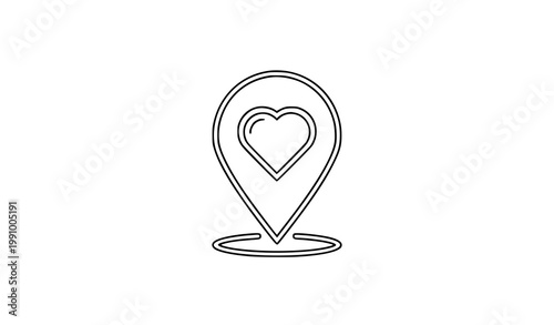 A minimalist line art vector graphic of a heart shaped location pin