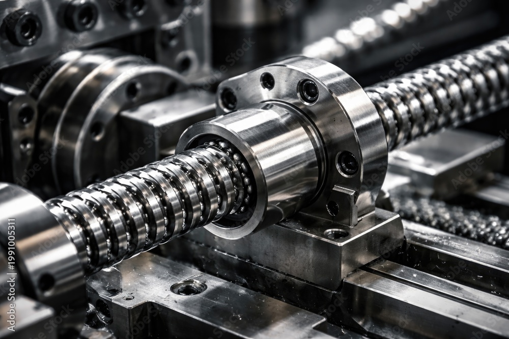 Naklejka premium High precision machining close-up featuring lead ball screw spare part integration