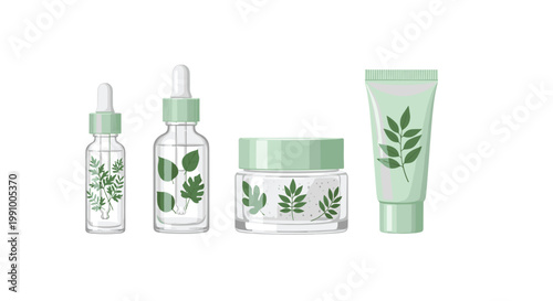 A pristine collection of eco-friendly beauty essentials including translucent glass bottles and a squeeze tube decorated with delicate green foliage motifs on white.