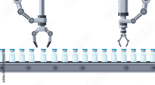 Two articulated robotic grippers are positioned precisely over a long row of small pharmaceutical vials moving along a dark grey industrial conveyor belt line.