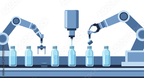 A sophisticated industrial automation scene features blue robotic arms meticulously filling and capping clear glass bottles on a moving conveyor belt system.