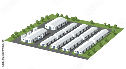A detailed isometric rendering of a modern industrial warehouse facility featuring multiple white storage buildings and green landscaping on a dark grey lot.