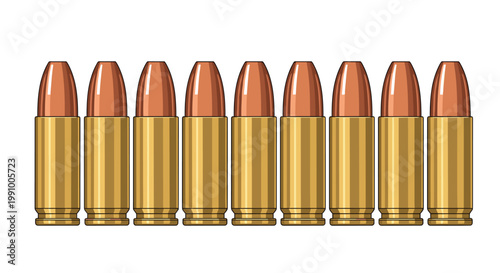 A precise vector illustration of ten metallic 9mm handgun bullets arranged in a perfectly straight horizontal row showing polished brass and copper surfaces.