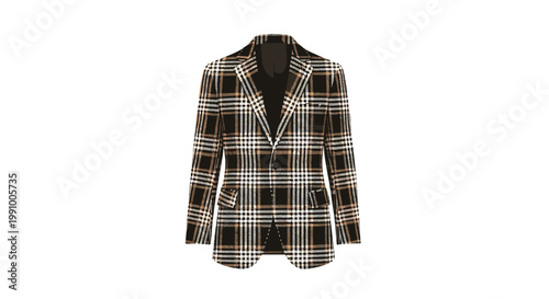A sophisticated men's tailored blazer showcasing a classic plaid pattern in earthy brown and crisp white tones against a clean white studio background.