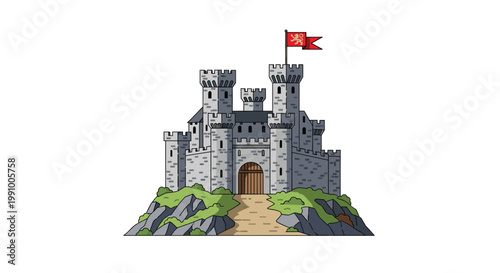 A majestic medieval stone castle with tall crenelated towers and a red heraldic flag stands proudly upon a rugged rocky hill under bright clear light.
