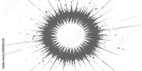 Abstract black ink splat pattern on a white background with a burst of yellow rays forming an energetic fractal sun and star vector design