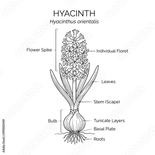 Hyacinthus orientalis, detailed botanical vector illustration showing plant parts including flower spike
