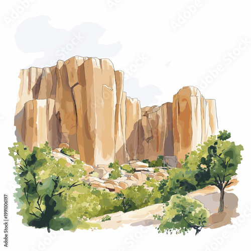 Bandiagara Escarpment. Bandiagara Escarpment hand drawn watercolor illustration on white background