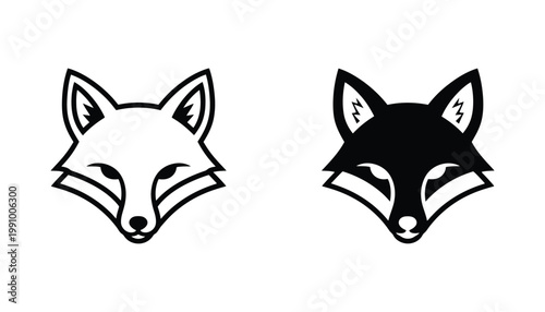 Fox head vector icon set featuring stylized animal portraits in outline and solid black versions for wildlife branding and nature enthusiast design assets