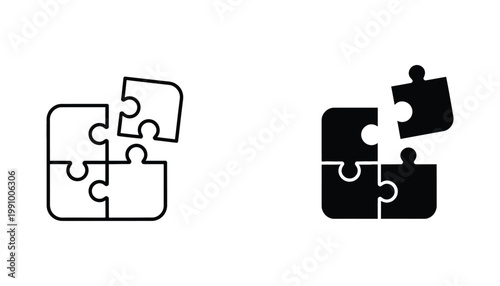 Minimalist puzzle pieces icon set featuring outline and solid black shapes for creative problem solving concepts and logical thinking design projects isolated on white background