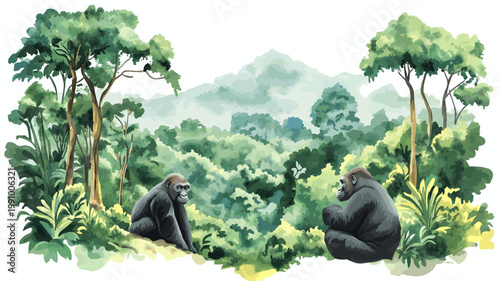 Bwindi Impenetrable Forest - Gorilla Trekking. Bwindi Impenetrable Forest - Gorilla Trekking hand drawn watercolor illustration on white background