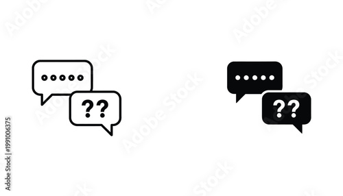 Speech bubbles with ellipses and question marks icon set in outline and solid styles for chat communication and user inquiry feedback interface design