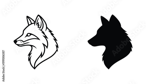Minimalist fox head silhouette and line art icon set for wildlife branding and nature conservation project design assets