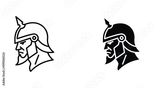 Roman soldier centurion helmet warrior head vector icon set in outline and solid styles for historical or military branding
