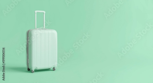 White 3D environment highlighting a pastel green suitcase for travel