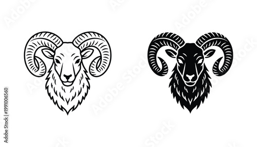 Ram head mascot logo icon set with curved horns for sports team and outdoor branding in bold artistic black and white vector graphic style for competitive identity and apparel design usage