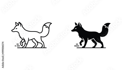 Walking fox silhouette icon set for outdoor wildlife and nature branding in simple flat black and white vector graphic style for apparel design and environmental conservation logos and graphics