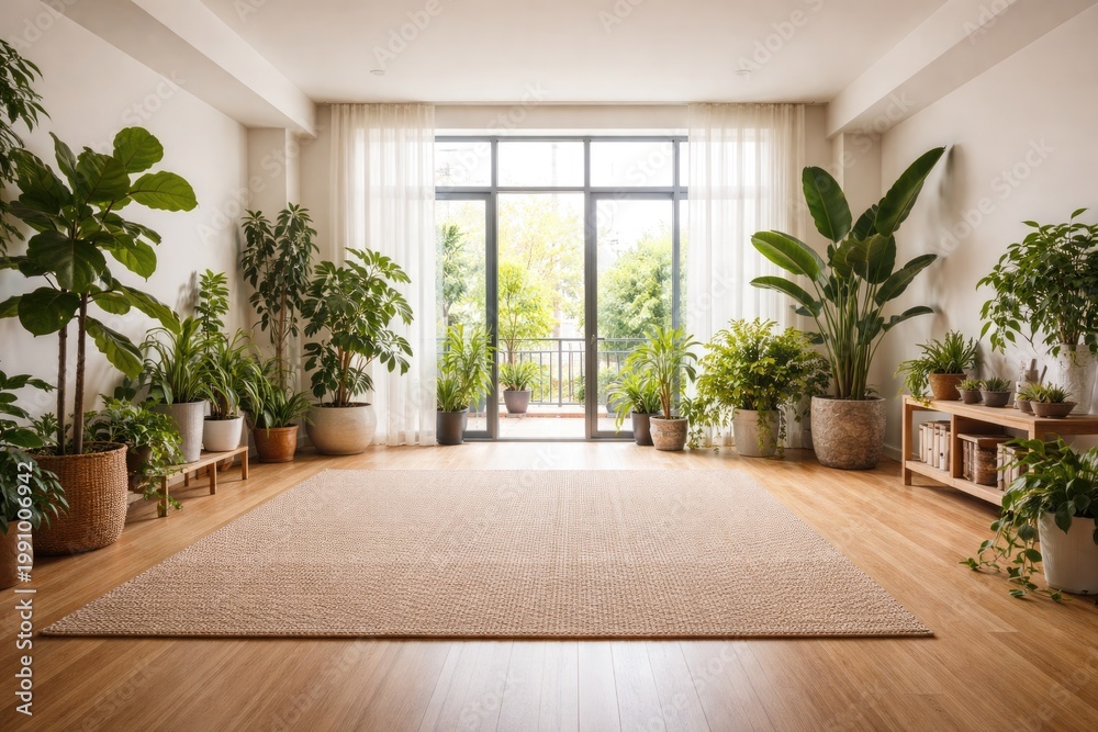 Fototapeta premium Spacious vacant room decorated with green plants during quarantine