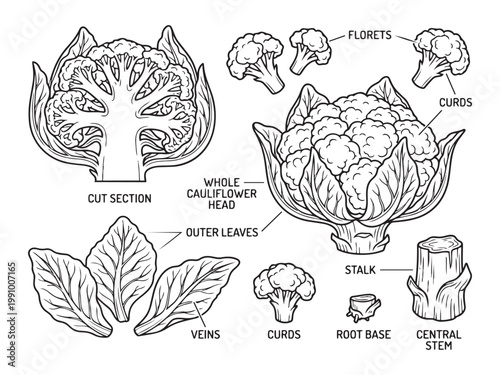 Cauliflower vegetable illustration vector whole head florets stalk base.