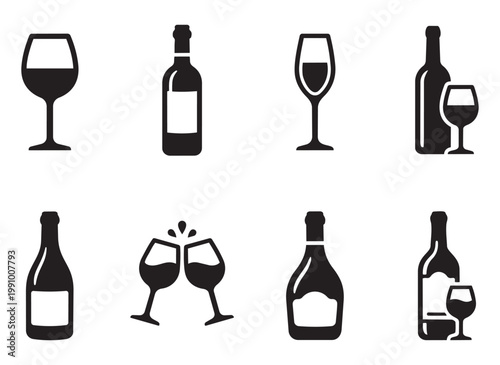 Wine glass bottle vector icons set beverage alcohol drink clinking toast celebration.