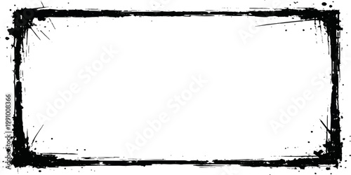 Distressed black grunge frame border with ink splatters, rough paint texture, scratched edges, and vintage dirty style on white background for photo overlays and creative graphic design use.