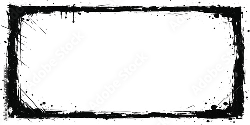 Black grunge border frame with ink splatter, distressed edges, scratched texture, and rough paint details on white background for vintage photo overlays, abstract dirty design, and creative graphics.