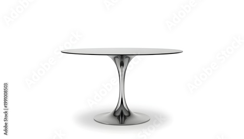 A sleek and modern glass table with a shiny metal base stands alone on a plain white background, perfect for interior design or furniture advertising