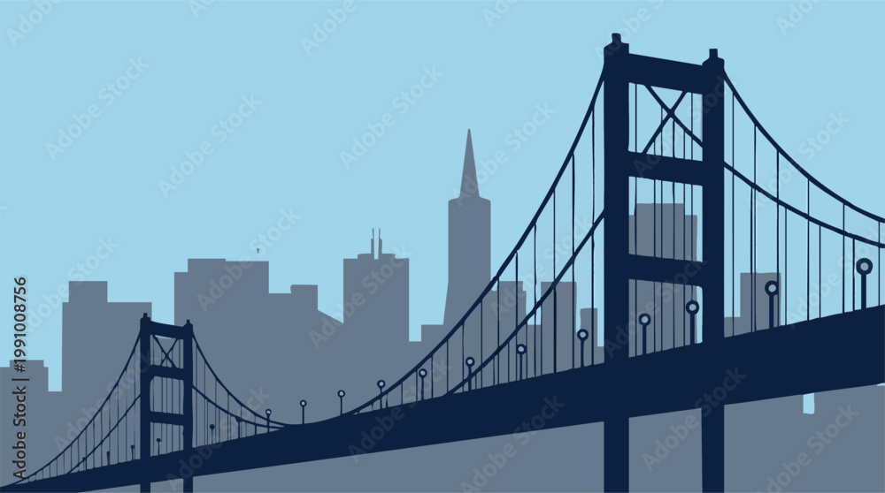 Fototapeta premium Minimalist Vector Illustration of a City Skyline with Iconic Bridge