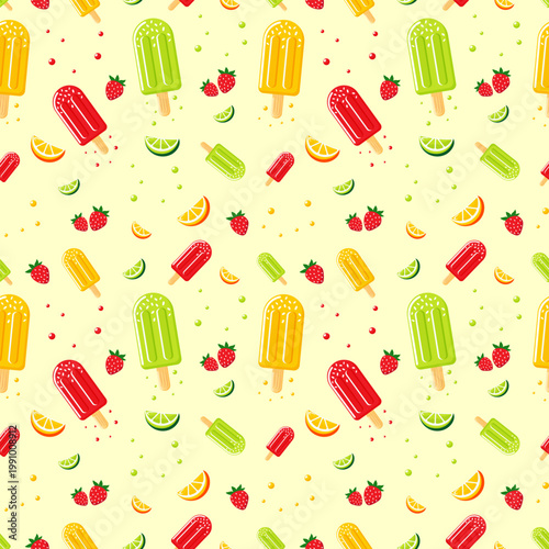 Summer popsicle and fruit seamless pattern vector illustration.