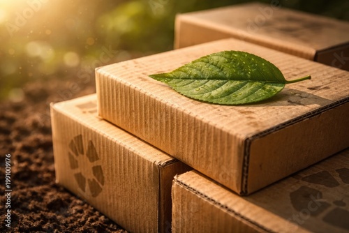 Green leaf on corrugated cardboard parcels illustrating carbon emissions concept with copy space