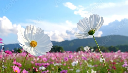Beautiful Field of White Cosmos Flowers Under a Blue Sky.