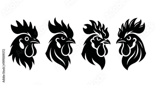Rooster Head Silhouette Icon Set Minimalist Black Vector Illustration for Farm Branding and Culinary Identity