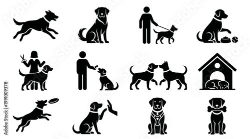 Dog Training and Pet Care Silhouette Icon Set Minimalist Black Vector Illustration for Veterinary Services and Animal Behavior Branding