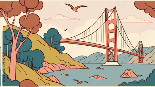 Golden Gate Bridge, San Francisco landmark, vector illustration, scenic landscape, travel icon