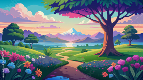 vibrant landscape, serene scenery, vector illustration, colorful nature