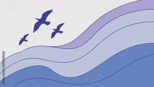 Minimalist wave, abstract ocean, birds flying, blue landscape, vector background