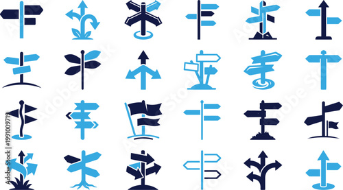 Collection of blue and dark blue signpost and directional arrow icons for guidance.